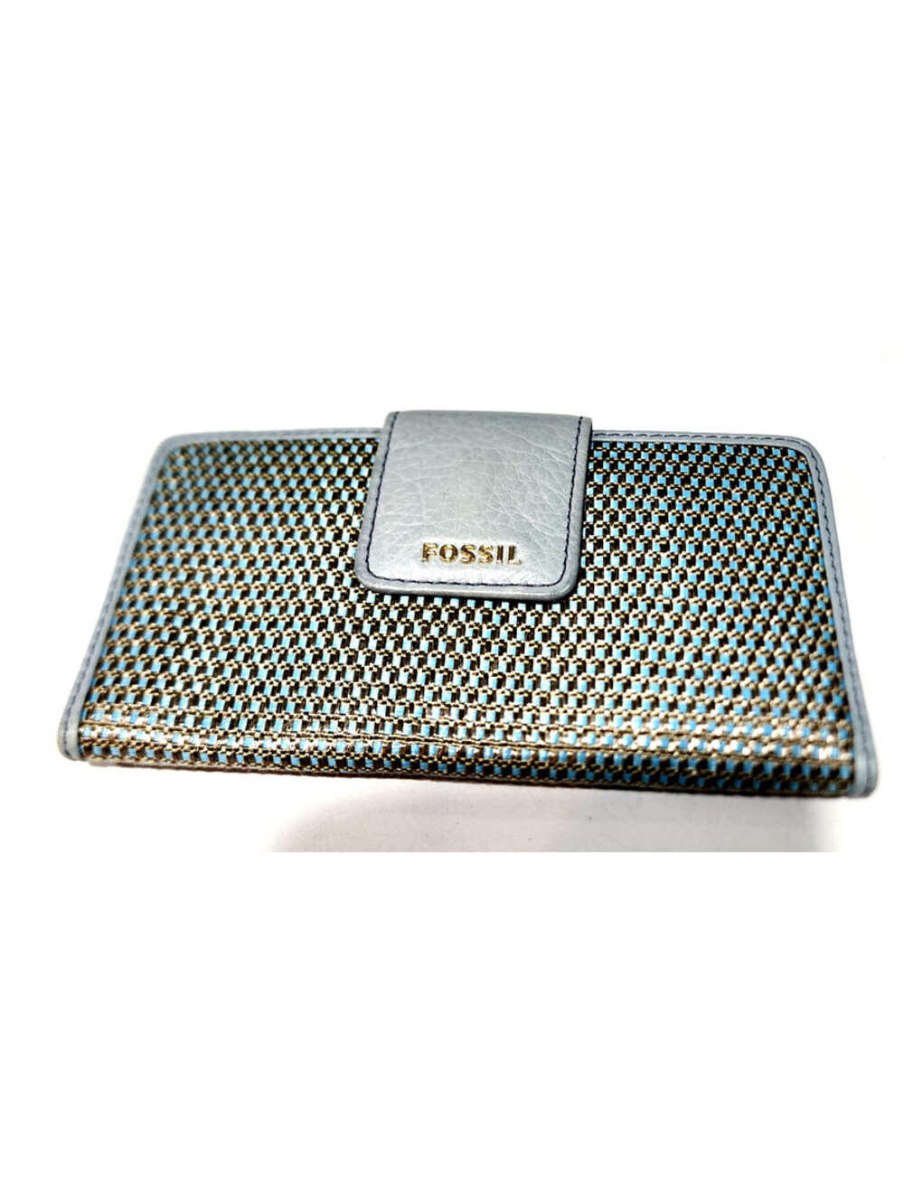 Fossil Logan Leather Tab Clutch Wallet Woven Straw Geometric Blue Trim Continent